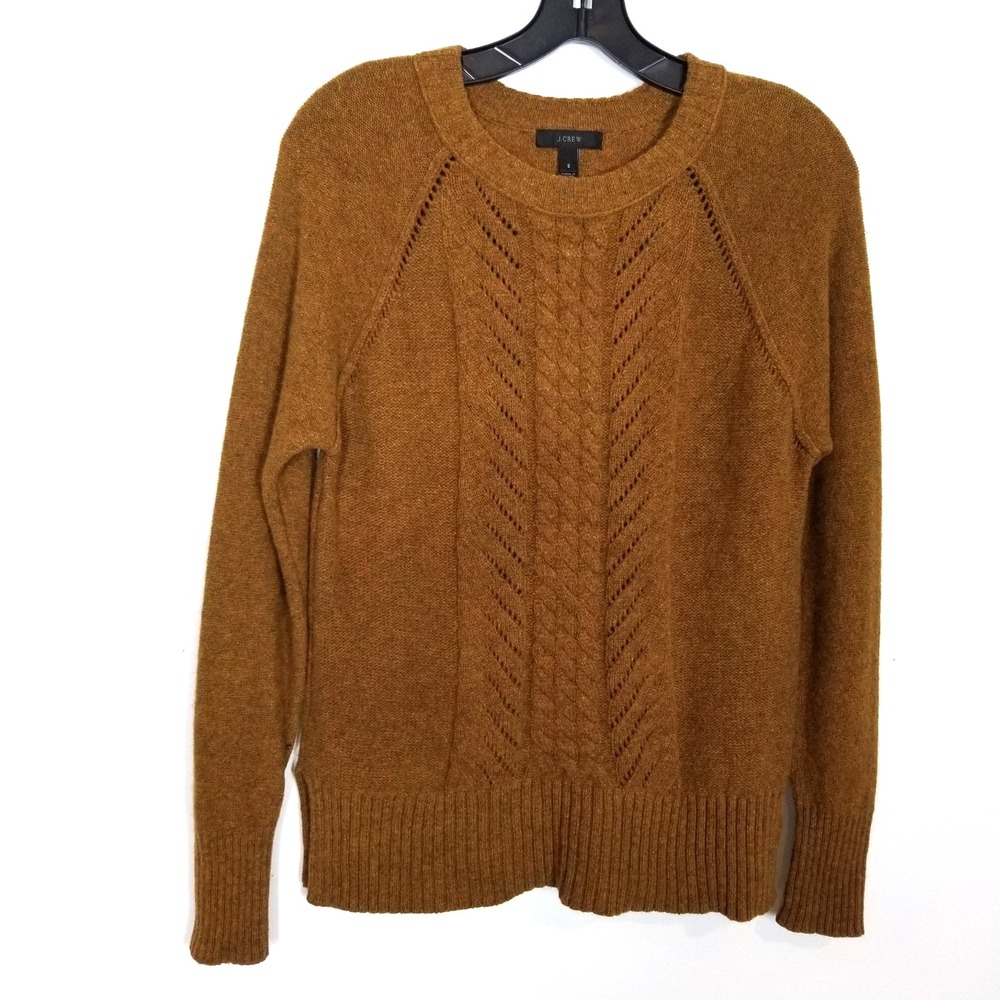 J. Crew Women Pointelle Cable Front Pullover Sweater Sz S‎ Brown 100% Wool  Crew